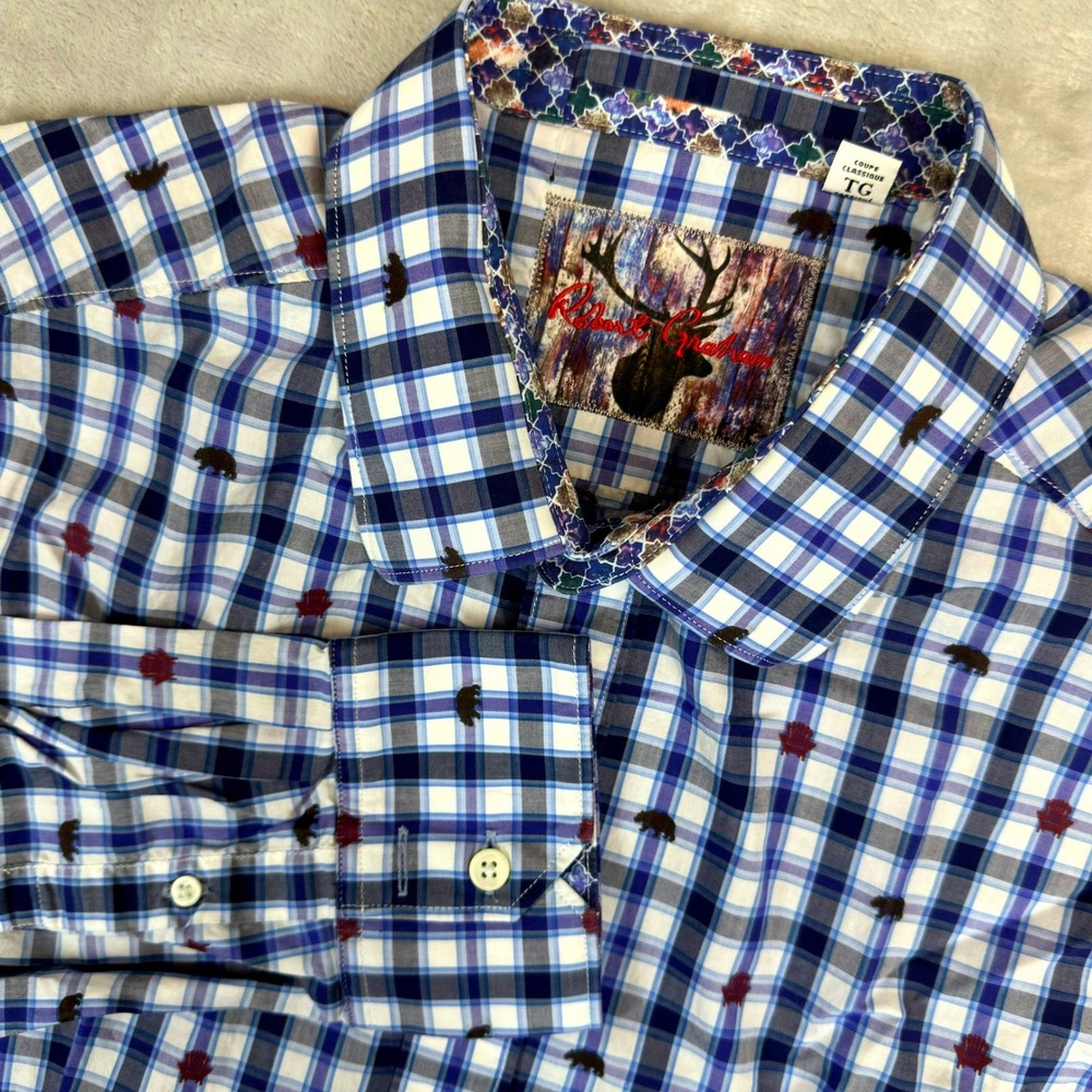 Robert Graham Button Down Mens XL Blue Plaid Bear Adirondack Classic‎ Fit Shirt